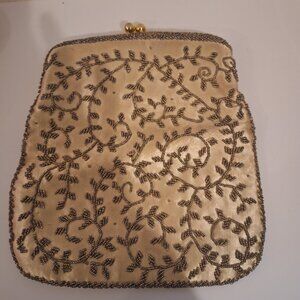 VANTAGE GOLD TONE SATIN BEADED EVENING CLUCH PURSE BAG